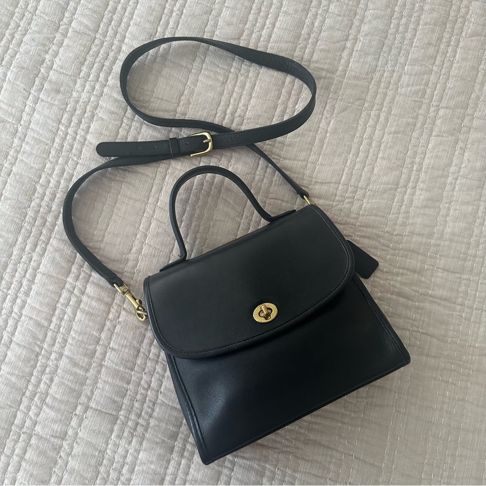 Classic Black Leather Top-Handle Crossbody Bag